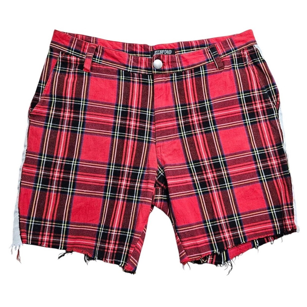Elwood Mens Red Plaid Tartan Shorts Frayed Hem Side Stripe Size 32 EMB026109